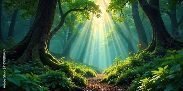Fototapeta Dense, ancient forest teeming with untamed life Sunlight filters through the canopy, illuminating a lush, vibrant undergrowth Wild, untamed beauty , branches, woods, moss