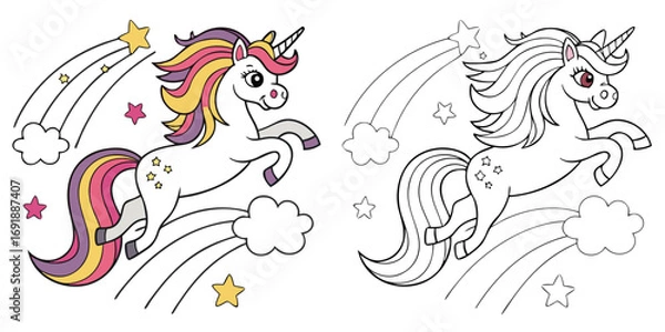 Fototapeta Two cartoon unicorns one colored one outline jumping over rainbows