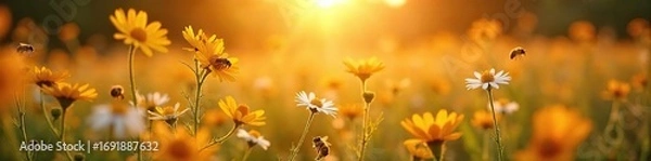 Fototapeta Golden hour sunlight illuminates a vibrant, sun-drenched field of wildflowers, buzzing with bees; a scene of pure, untainted joy and natural beauty , colorful, bright, contentment