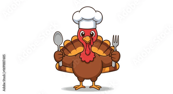 Fototapeta Cartoon Turkey Chef Ready for Thanksgiving Feast with Spoon and Fork.