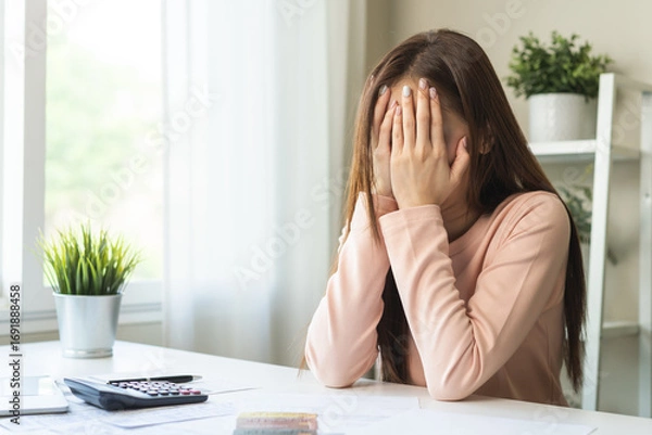 Fototapeta Business financial concept, stress asian young woman hand close face after check statement of credit card for calculate accounting expense, payment on due deadline, trying to find money to pay debt.