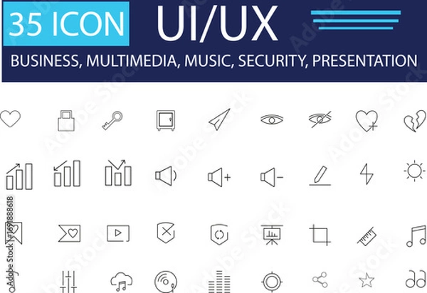 Obraz Minimal Line Icon Set – UI, Web and App Design, Business, Multimedia, Security, Music Outline Icons