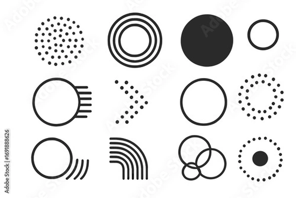 Fototapeta Set of abstract geometric shapes. Collection of minimalist circle design elements. Modern trendy vector icons for graphic design. Simple round forms, patterns, and symbols.