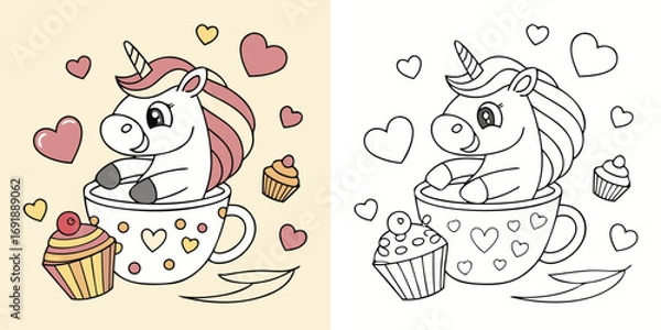 Fototapeta Cute cartoon unicorn in a teacup with cupcakes and hearts