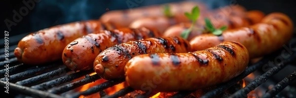 Fototapeta Close-up shot of sizzling sausages and peppers on a hot grill, smoky char marks visible, juicy and delicious Perfect for summer BBQ recipes and grilling guides , grill, heat, peppers