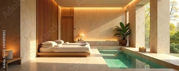 Fototapeta Serene spa interior with soft lighting, natural materials, and minimalist design, promoting relaxation and rejuvenation , natural, plants