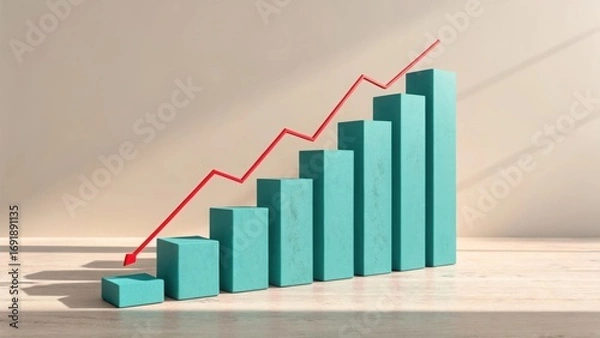 Fototapeta Rising teal bar chart with red line graph showing growth