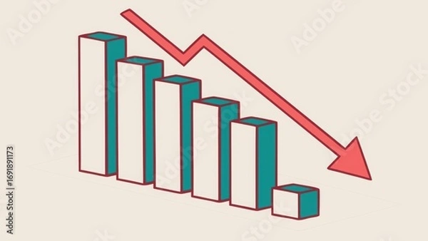 Fototapeta Bar chart showing downward trend with red arrow
