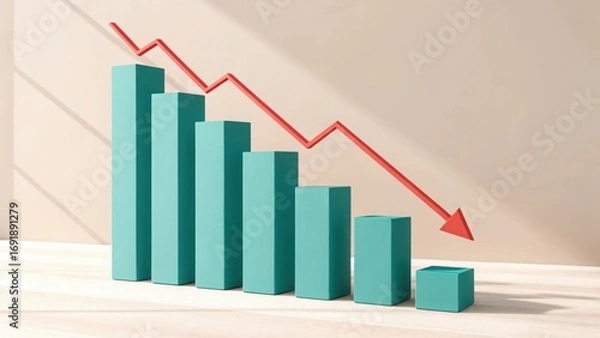 Fototapeta Turquoise bar chart showing steep financial decline with red arrow
