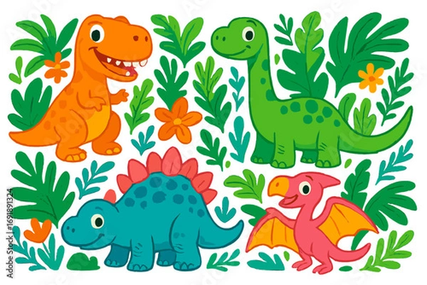 Fototapeta Cute cartoon dinosaurs set. Funny baby dino characters in tropical jungle. Prehistoric animals vector illustration for kids. T-rex, brontosaurus, stegosaurus, pterodactyl.