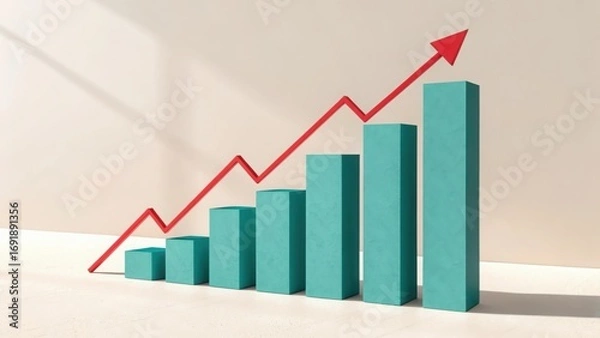 Fototapeta Rising bar graph with upward trend arrow illustrating growth