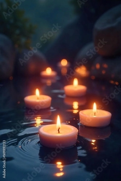 Fototapeta Enchanting floating candles illuminate a serene water scene, creating a magical and peaceful ambiance Perfect for spa, relaxation, meditation, and spiritual themes , serene, relaxing scene