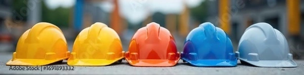 Fototapeta Five safety helmets of different colors neatly stacked on a construction site, demonstrating workplace safety protocols ,  work,  stack