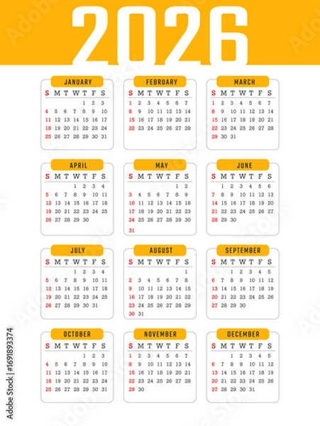Fototapeta 2026 Year Calendar Template Vector