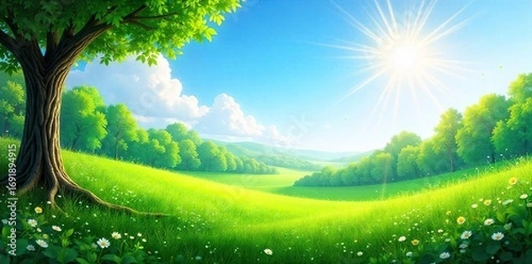 Fototapeta Serene landscape with lush greenery, clear blue sky, and gentle sunlight creating a peaceful and healthy atmosphere Perfect for concepts of wellness, tranquility, and natural beauty , garden, trees