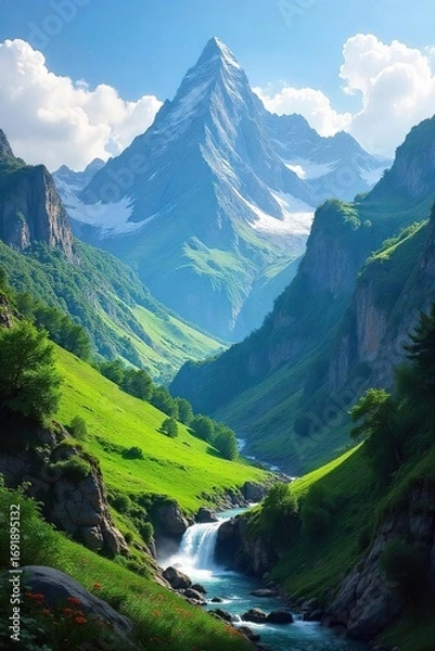 Fototapeta Serene mountain vista with lush green valley, cascading waterfall, and clear blue sky  Perfect for travel, nature, and environmental projects ,  river,  wild,  beautiful