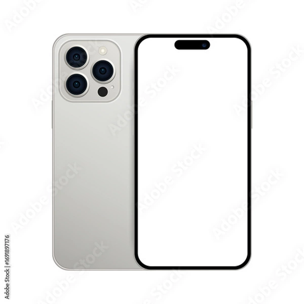 Fototapeta Mobile phone gray color device, front and rear side mockup template with blank screen for application advertisement. Realistic smartphone isolated user interface design, vector illustration
