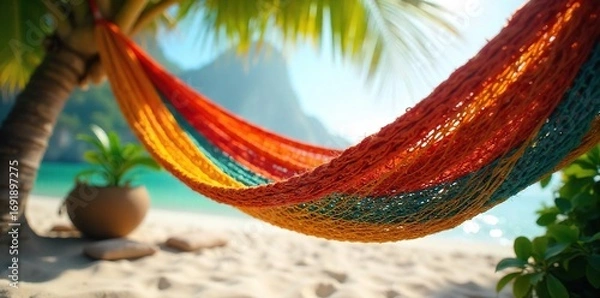 Fototapeta Close-up shot of a vibrant, intricately designed Brazilian net hammock gently swaying in a tropical breeze, sunlight filtering through the woven fibers , design, handwoven