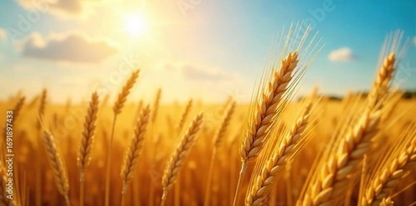 Fototapeta Golden wheat field shimmering under a bright sun, ripe for harvest Abundant, sun-drenched stalks ready for reaping A picturesque autumnal scene of nature's bounty , stalks, field
