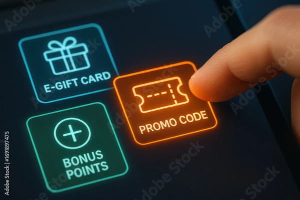 Obraz Promo code button digital screen with finger touching it, bonus points and e gift card icons
