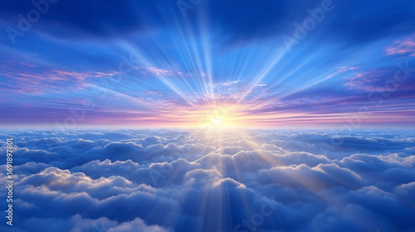 Fototapeta Heavenly souls ascending through golden clouds toward divine light in a celestial paradise depicted in a superb photo with high contrast ratio focused subjects and textured