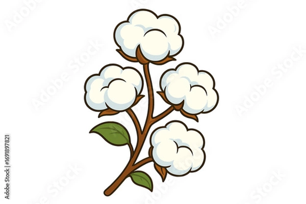 Fototapeta Cotton plant branch with fluffy bolls. Vector cartoon illustration isolated on white. Natural organic raw material for textile and fabric. Symbol of softness and purity.
