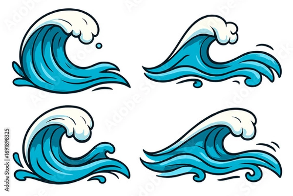 Fototapeta Japanese style ocean wave vector set. Cartoon sea surf illustration collection. Water splash elements for design, depicting nature, stormy tides, and flowing liquid motion.