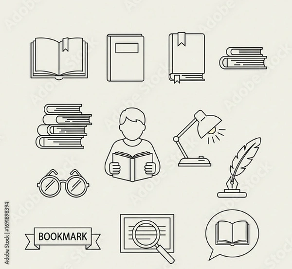 Obraz "Minimalist flat vector icon set, black and white, simple clean line design, scalable, professional, perfect for web, app, business, technology, education, travel, healthcare, finance, UI/UX, infograp