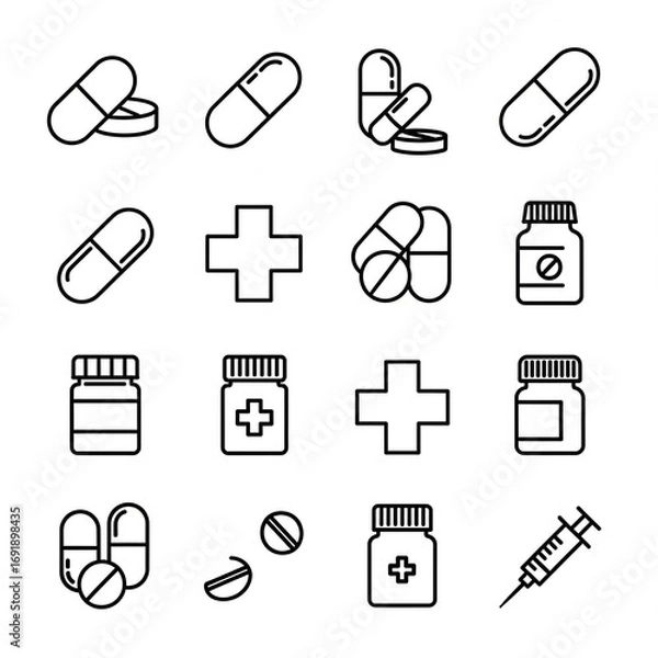 Obraz "Minimalist flat vector icon set, black and white, simple clean line design, scalable, professional, perfect for web, app, business, technology, education, travel, healthcare, finance, UI/UX, infograp