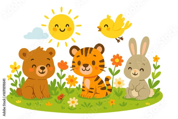 Fototapeta Cute cartoon animal friends enjoying a sunny day. Happy bear, tiger, and rabbit in a spring flower meadow. Smiling sun and little bird. Vector illustration for children.
