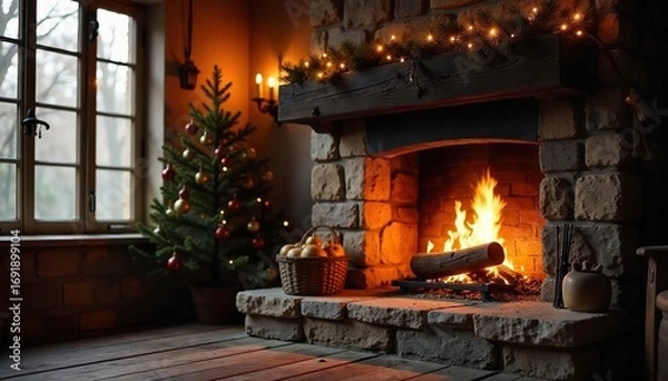 Fototapeta Cozy fireplace with glowing embers, rustic stone hearth, warm inviting atmosphere, perfect for autumn or winter Ideal for home decor, holiday themes, and relaxation imagery , cozy, embers