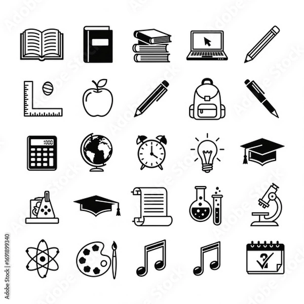 Obraz "Minimalist flat vector icon set, black and white, simple clean line design, scalable, professional, perfect for web, app, business, technology, education, travel, healthcare, finance, UI/UX, infograp