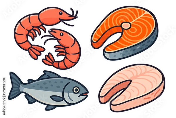 Fototapeta Colorful seafood icon set. Fresh raw salmon steak, whole tuna, white fish fillet, and shrimp. Vector cartoon illustration for grocery, fish market, or menu design concept.