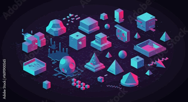Fototapeta Isometric Abstract Composition with Geometric Shapes in Cyberpunk Color Palette