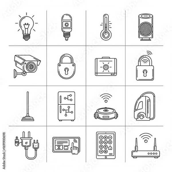 Obraz "Minimalist flat vector icon set, black and white, simple clean line design, scalable, professional, perfect for web, app, business, technology, education, travel, healthcare, finance, UI/UX, infograp