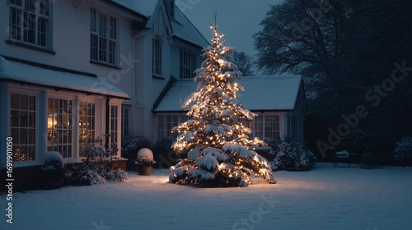 Fototapeta Ai snow-covered yard showcases a beautifully lit Christmas tree in a serene winter evening setting