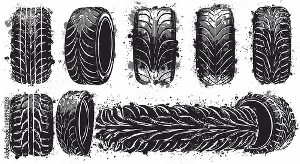 Fototapeta Dramatic vector illustration of various tire treads with dynamic grunge splatter