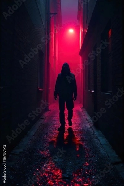 Fototapeta Silhouette of a mysterious figure in a dark alleyway, shrouded in shadow, leaving the identity unknown , obscured, mystery, city