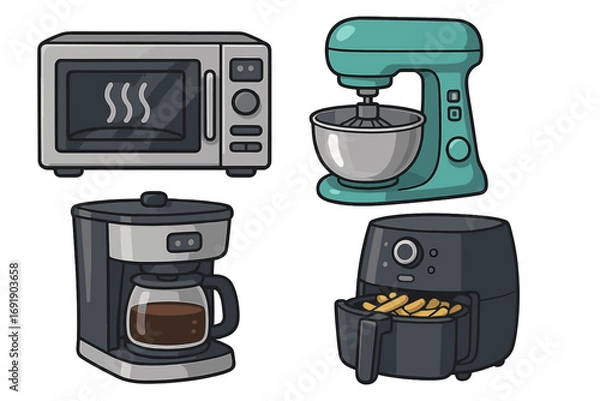 Fototapeta Vector cartoon illustration set of modern kitchen appliances. Microwave, stand mixer, coffee maker, air fryer icons. Concepts of cooking convenience, home tech, food preparation.