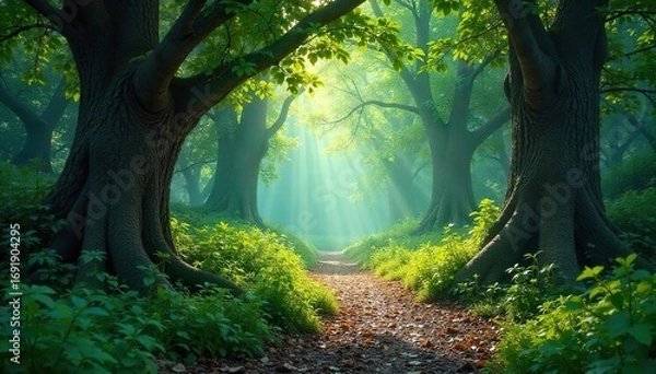 Fototapeta Enchanted woodland path winding through ancient trees, dappled sunlight filtering through leaves, mystical atmosphere, magical realm , journey, woods, adventure