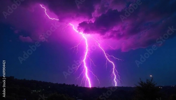 Fototapeta Dynamic electric bolts illuminating a dark night sky, creating a vibrant and dramatic marquee effect Perfect for projects needing a powerful, electrifying visual , shimmering, graphic