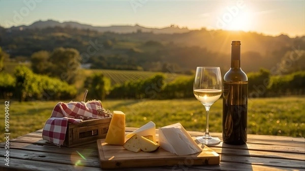 Fototapeta Romantic picnic setting with white wine and assorted cheeses overlooking rolling hills and a vineyard at golden hour