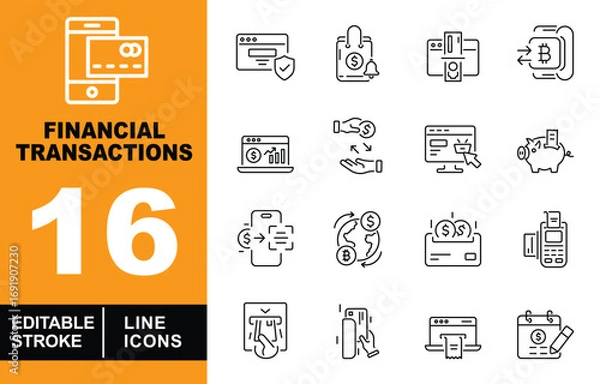 Fototapeta Financial Transactions line icon set. Smartphone, Shield, Shopping bag, Credit card, Bitcoin, Graph, Hand, Computer, Piggy bank, Mobile, Globe, Invoice, POS, and more. Editable stroke icons collection