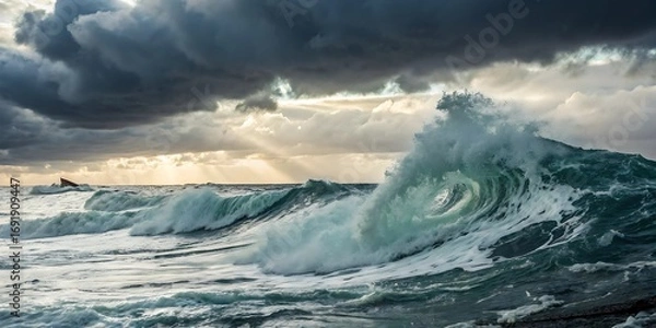 Fototapeta Dramatic ocean waves crash under a stormy sky with sunbeams breaking through the clouds, creating a powerful natural scene.