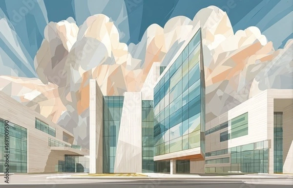 Fototapeta Modern glass and stone buildings under stylized clouds