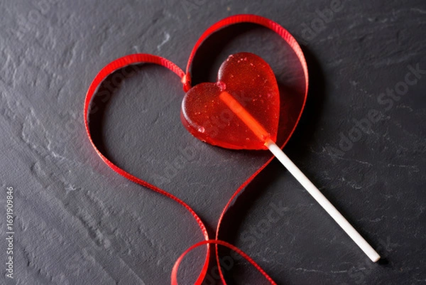Obraz A simple red heart shape, a powerful symbol of love and romance, is isolated on a stark black background with lolipop