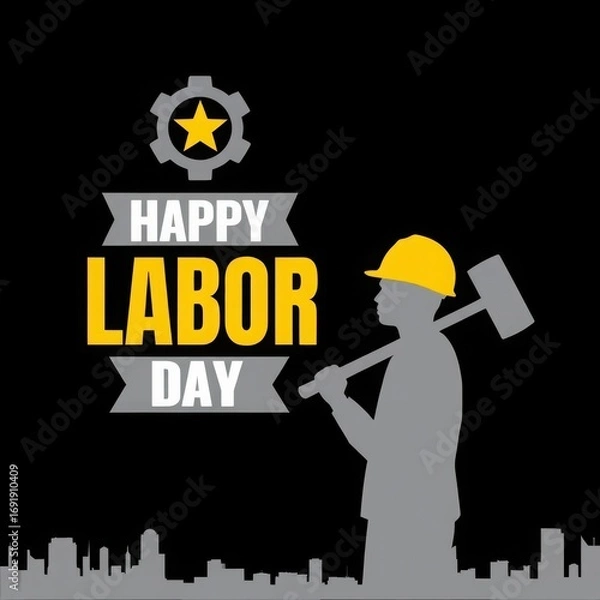 Obraz A business concept illustration shows an industrial worker with a helmet holding a 3D construction sign banner for labor day