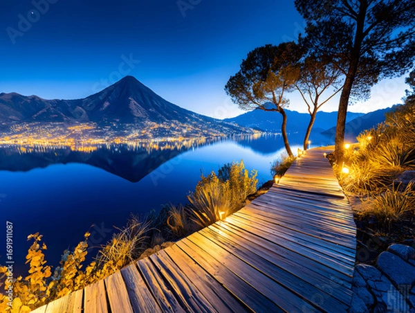 Fototapeta Beautiful nighttime view of a wooden boardwalk leading to the tranquil shores of Lake Atitlán, Guatemala, under a starry sky