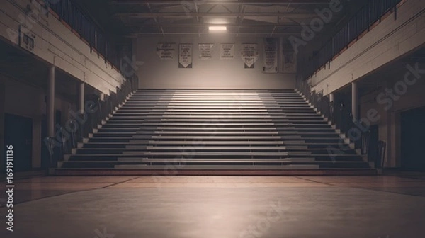 Fototapeta School gym with folded bleachers, dim ambient light, muted neutral palette