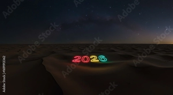 Fototapeta Neon 2026 lights up the desert night sky, creating a stunning futuristic vision of the new year, perfect for projects